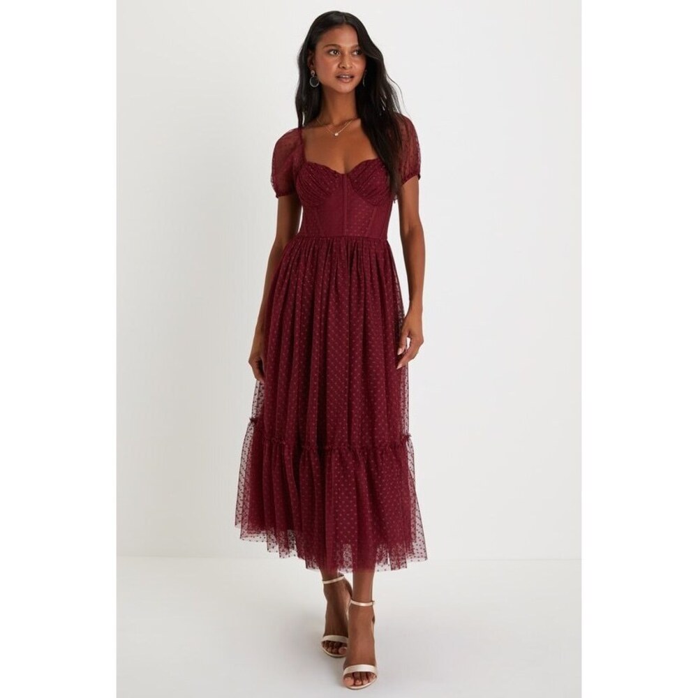 Lulus Sweet Amor Burgundy Tulle Swiss Dot Tiered Bustier Midi Dress - Size S